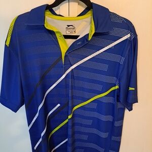 Slazenger Blue & Lime Green Geometric Varied Stripe Polo Shirt Men's Medium